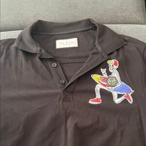 Philipp Plein Black Polo with Colorful Surfing Skeleton Patch